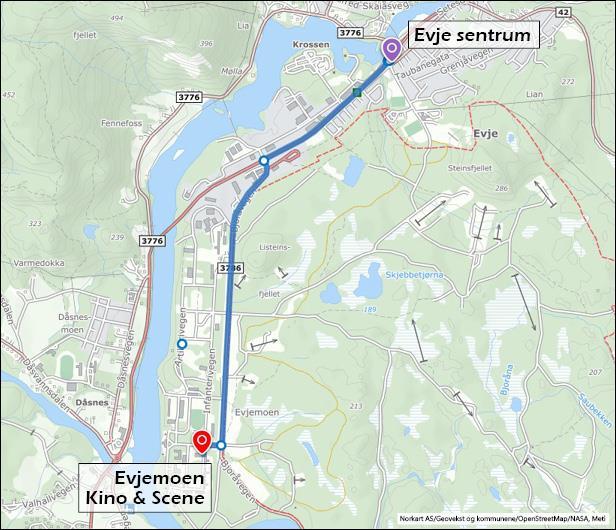Kartet viser hvor Evjemoen Kino & Scene ligger i forhold til Evje sentrum - Klikk for stort bilde
