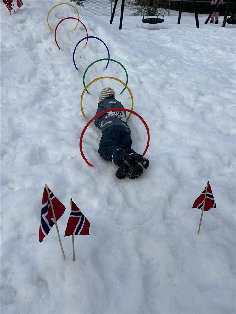 Bilde fra arrangementet "OL i Oddeskogen barnehage". Bildet viser et barn som krabber gjennom OL-fargede ringer ute i snøen. - Klikk for stort bilde