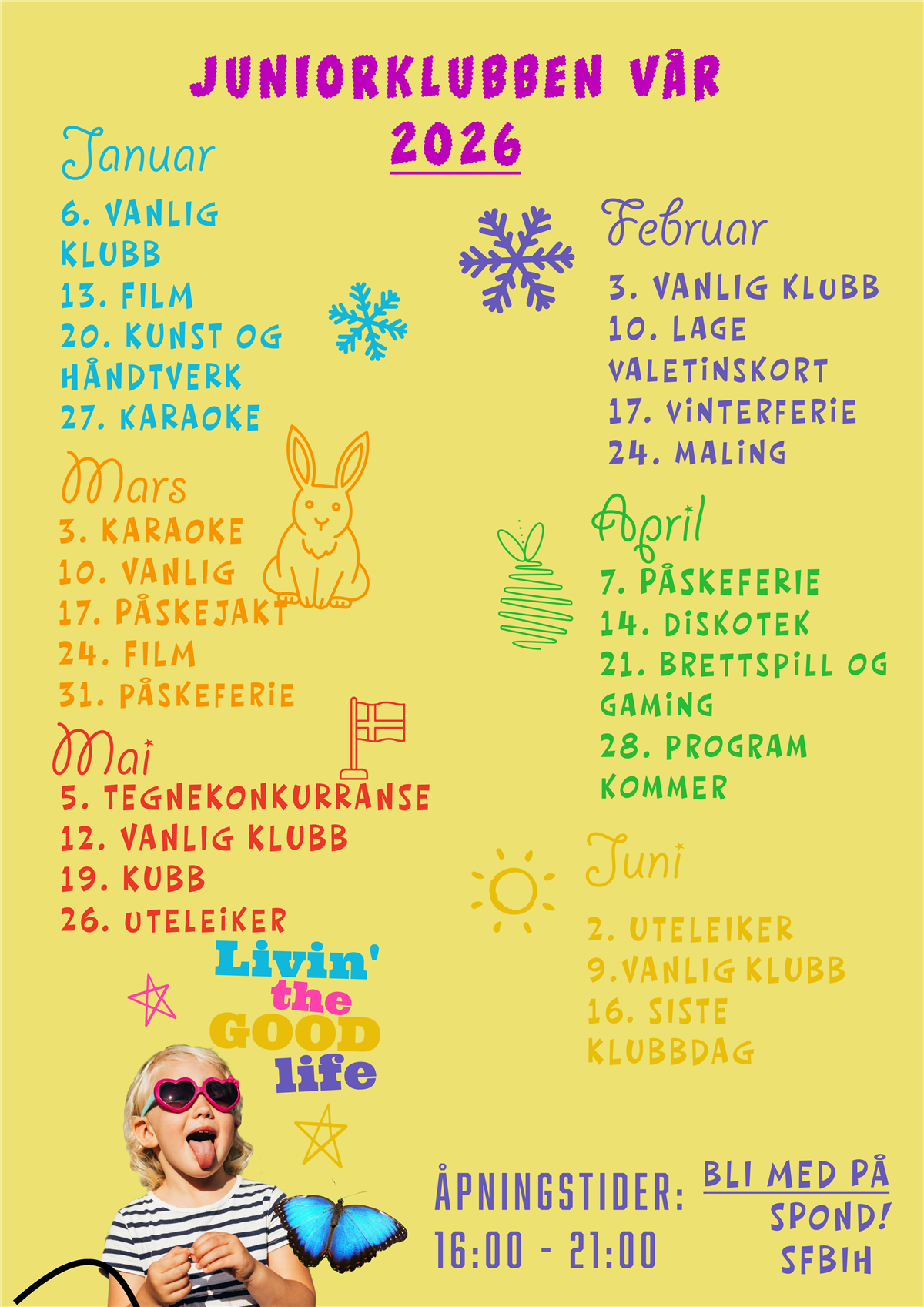 Plakater som viser programmet for junior- og ungdomsklubbene i kommunen.