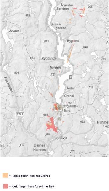 Kart som viser områder som kan få dårlig eller ingen dekning i perioden Telenor jobber med oppgradering av mobilnettet. - Klikk for stort bilde
