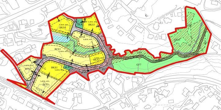 Kart til sak om utbyggingsavtale - Vinbekken. Viser området som kunngjøringen gjelder for. - Klikk for stort bilde