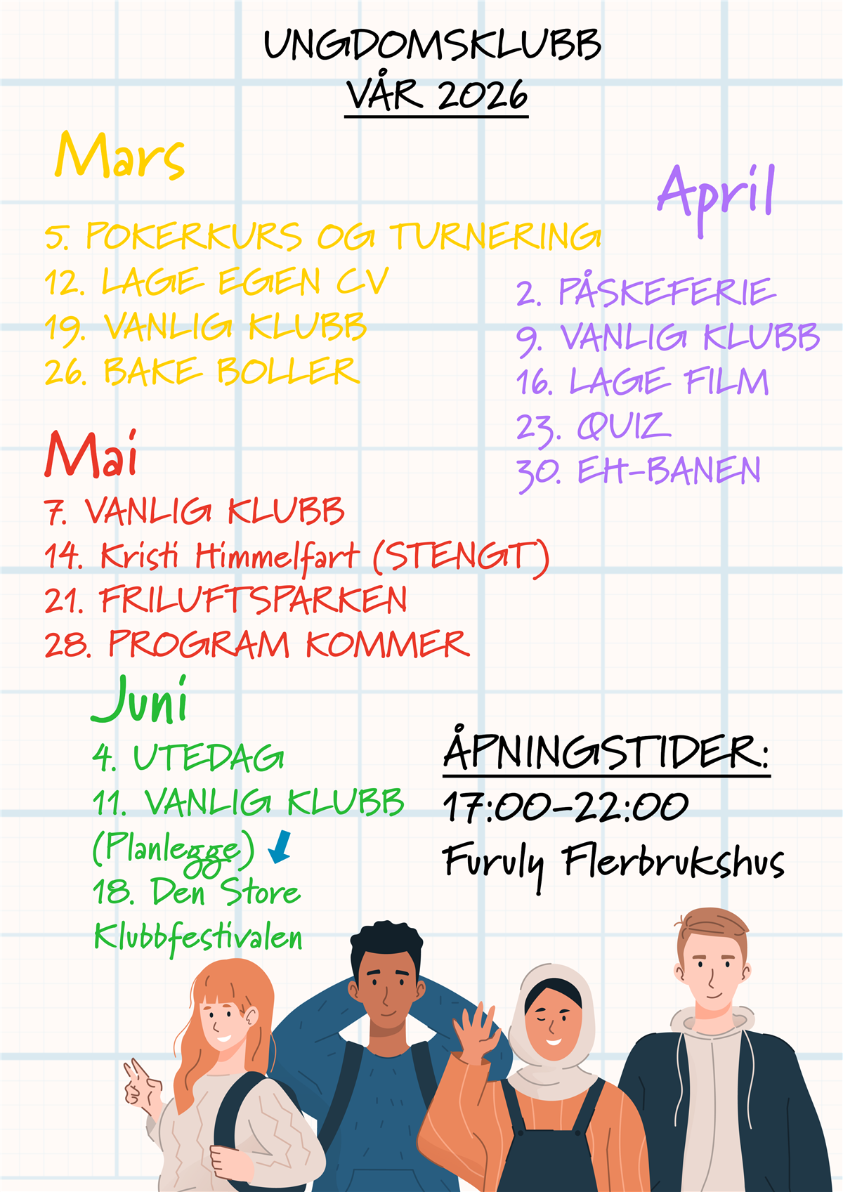 Plakater som viser programmet for junior- og ungdomsklubbene i kommunen.