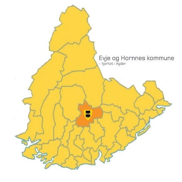 Et illustrasjonsbilde av Agder med alle sine kommuner. Alle er gule, men Evje og Hornnes har kommunevåpenet sitt for å markere plasseringen til kommunen i fylket. At Evje og Hornnes er i midten - et hjerte i Agder. - Klikk for stort bilde